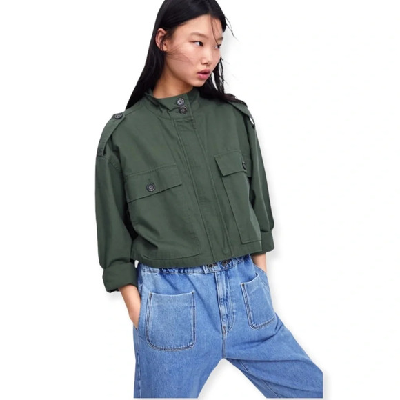 Zara Green Cropped Army Military Jacket With Pockets Size XS - Picture 1 of 10